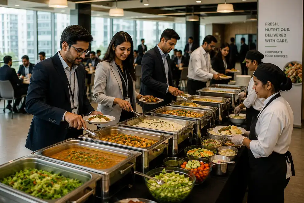 Corporate buffet lunch in modern office